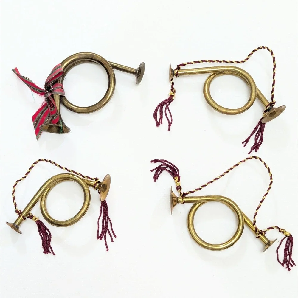 Brass Bugle French Horn Christmas Tree Ornament Decor Vintage Miniature Lot of 4